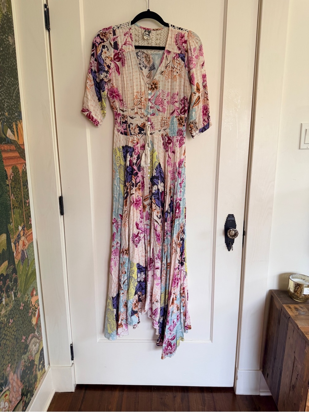 JAASE Floral Crochet Smocked Button Down Maxi Dress - M